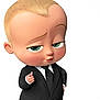 animated_character, baby, cartoon, black_suit, confident_pose, smirk, standing, wooden_floor, white_background, tie, large_head, green_eyes, blond_hair, formal_wear, character, movie_character, digital_art, cute, childlike, boss_baby
