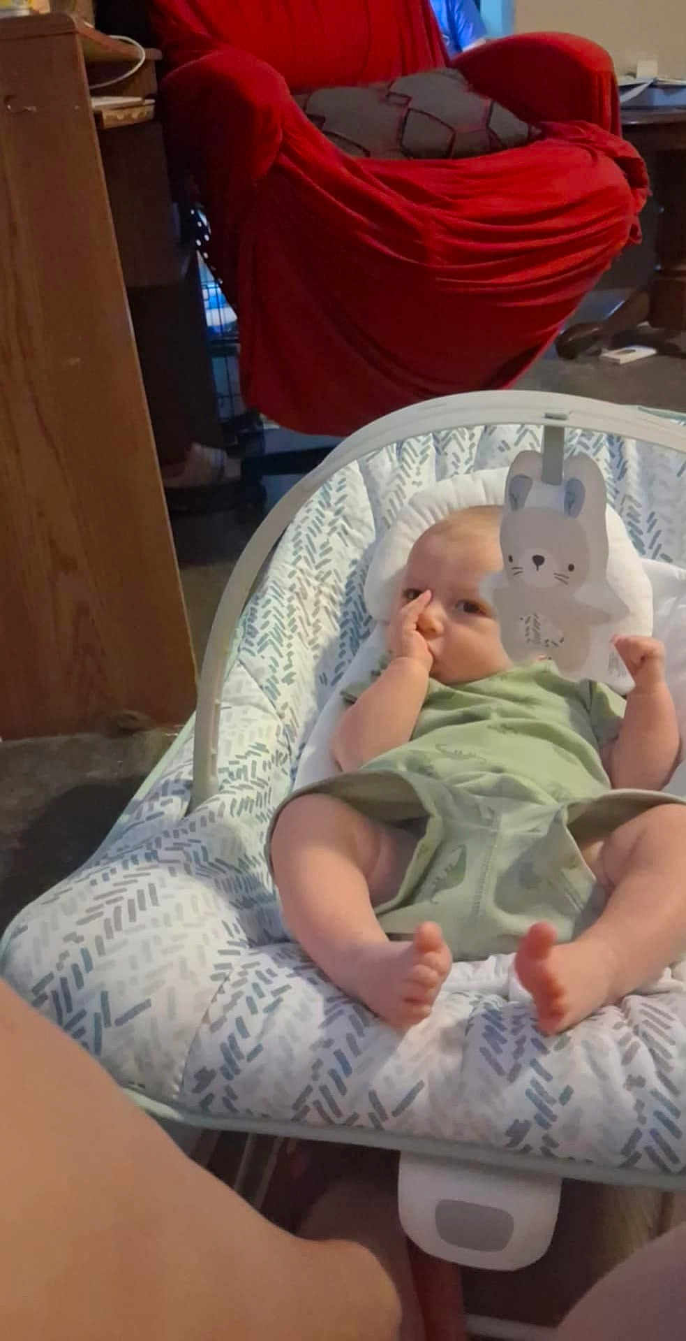 Brayden joined the competition — help win amazing prizes! baby, infant, baby_seat, thumb_sucking, toy, bunny_toy, red_chair, furniture, indoor, floor, blanket, patterned_fabric, person, home, relaxing, cute, child, legs, feet, casual