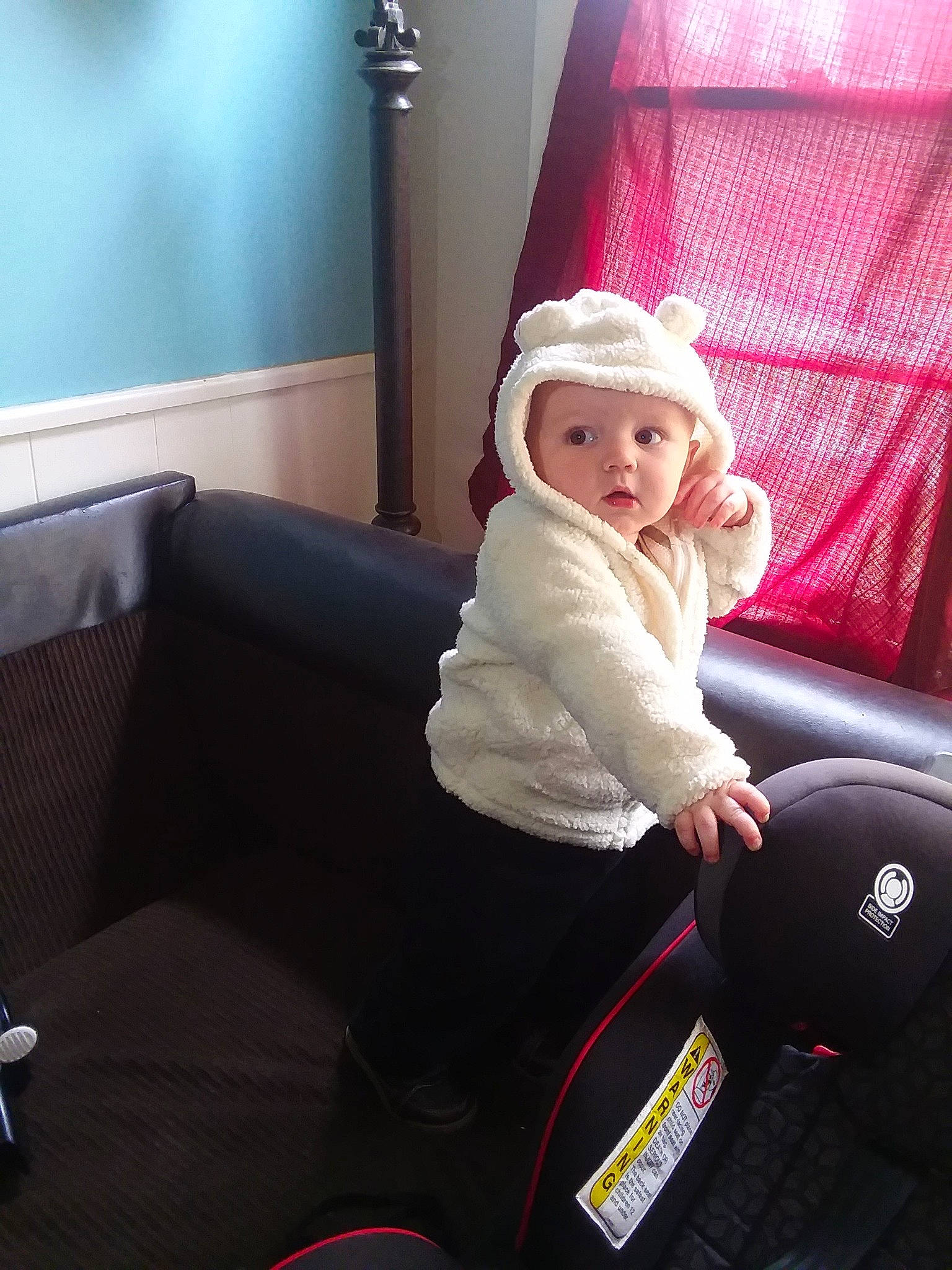Mathew joined the competition — help win amazing prizes! blond, car_seat, child, comfort, furniture, person, pink, room, sitting, skin, smile, toddler