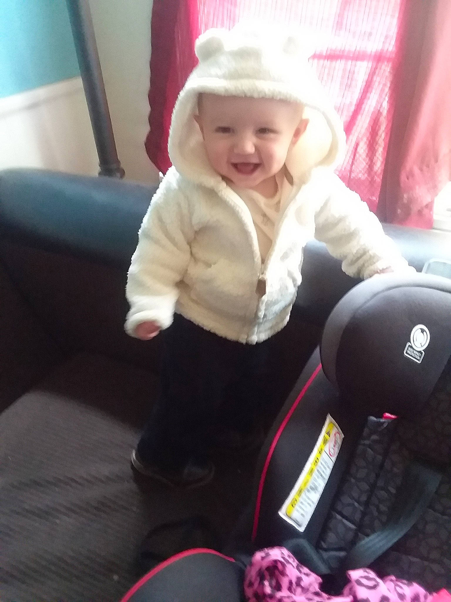 Mathew is registered to the contest to win money with this photo: auto_part, baby, baby_carriage, baby_in_car_seat, baby_products, car_seat, car_seat_cover, child, joy, person, pink, product, toddler