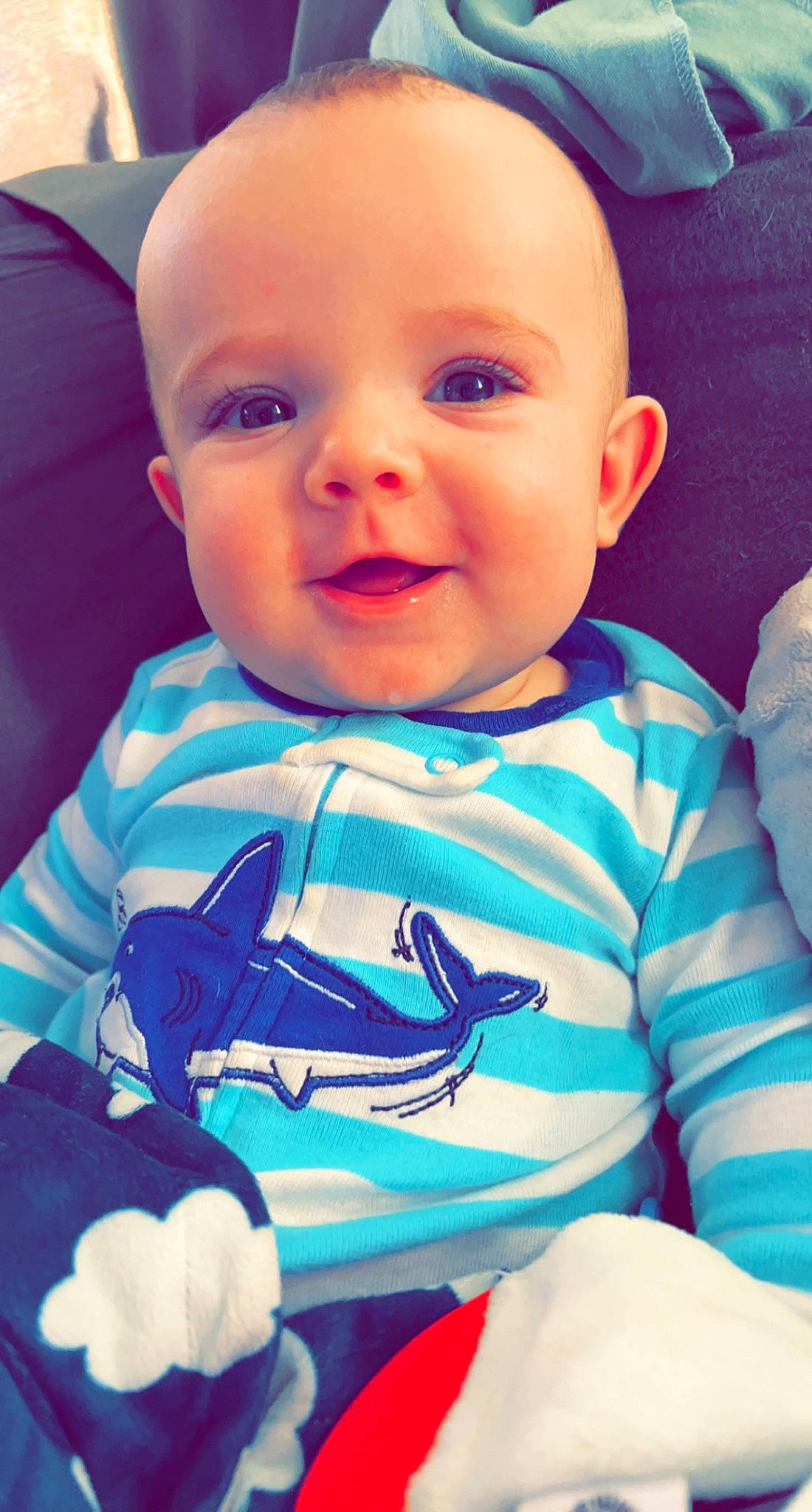 Everett joined the competition — help win amazing prizes! azure, baby, baby_toddler_clothing, cheek, cool, electric_blue, finger, hairstyle, happy, iris, mouth, nose, person, pink, skin, sleeve, smile, standing, t_shirt, textile