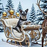 Roscoe is registered to the contest to win money with this photo: dog, sleigh, snow, winter, reindeer, trees, forest, ornate, gold, silver, leash, decoration, animal, outdoor, cold, holiday, christmas, cute, furry, pet