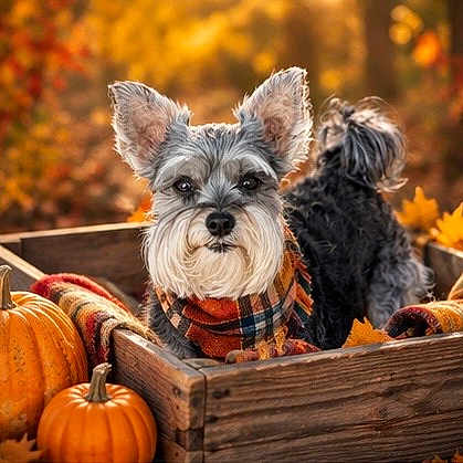 Rossie Boy Roscoe is registered to the contest to win money with this photo: dogs, schnauzer, puppies, autumn, fall, pumpkins, wooden_crate, plaid_blanket, outdoor, golden_light, foliage, rustic, portrait, pet_portrait, fluffy, gray_dog, black_dog, sitting, cozy, seasonal