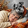 Rossie Boy Roscoe joined the competition — help win amazing prizes! autumn_colors, beige, blanket, bracelet, close_up, companion, cozy, dog, earrings, head_resting, indoor, lying_down, orange, pet, portrait, relaxed, schnauzer, smiling, warm_lighting, woman