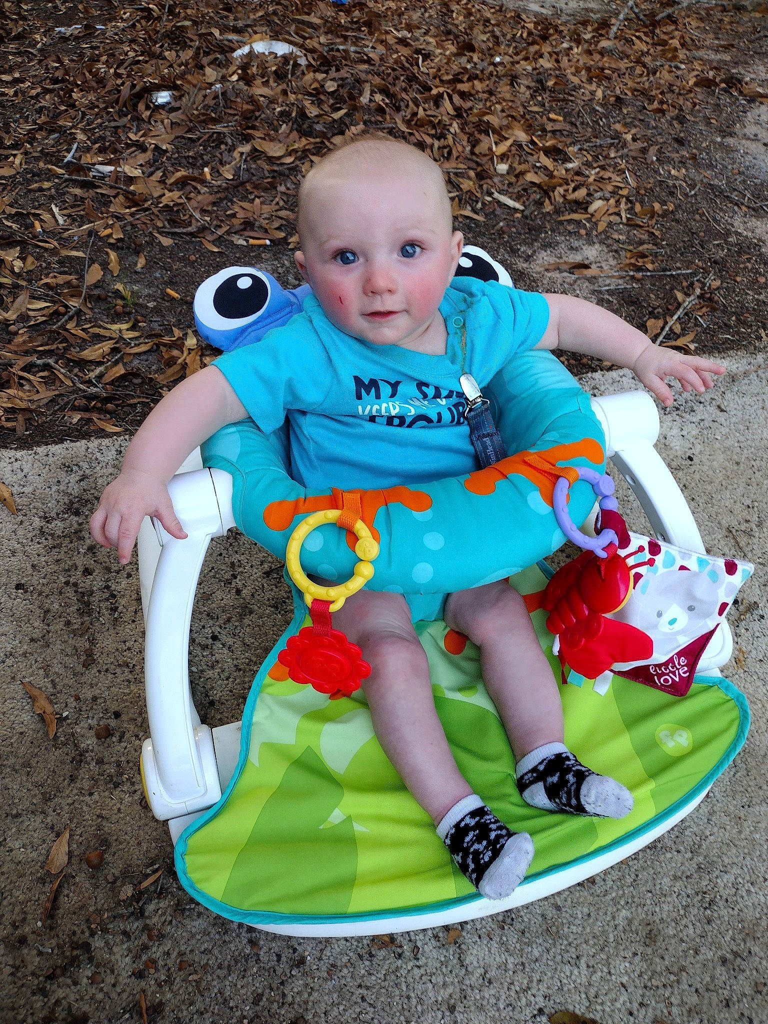 Donald joined the competition — help win amazing prizes! baby, baby_products, baby_toddler_clothing, child, electric_blue, face, fun, grass, happy, leisure, mammal, people_in_nature, person, play, product, recreation, shorts, sitting, t_shirt, toddler