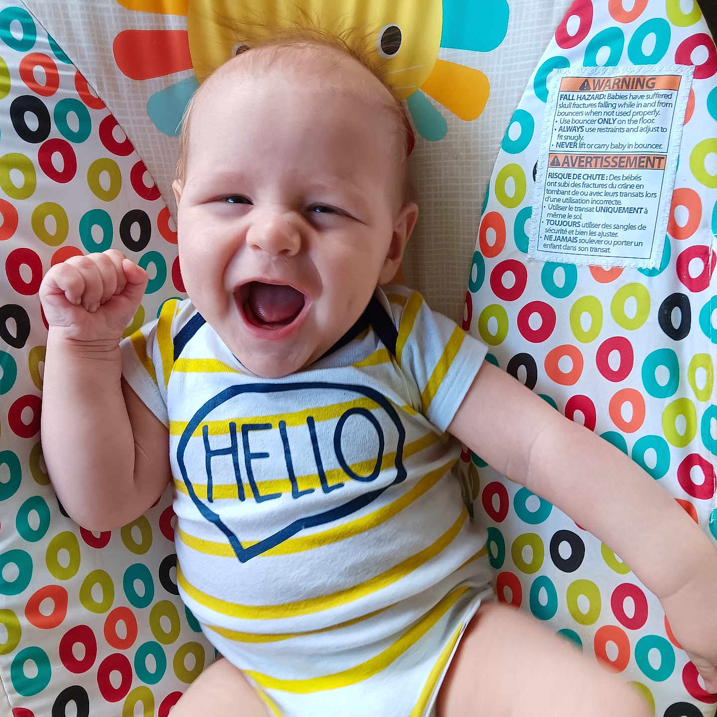 Anthony joined the competition — help win amazing prizes! baby, babylaughing, bodypart, chair, clothing, cushion, face, furniture, happy, hat, head, homedecor, laughing, newborn, person, photography, portrait, smile, t_shirt, yawning