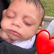 Sahara joined the competition — help win amazing prizes! baby, sleeping, face, infant, outdoor, carrier, black_clothing, heart_emoji, human, skin, head, peaceful, person, child, nature, grass, pavement, footwear, hand, rest