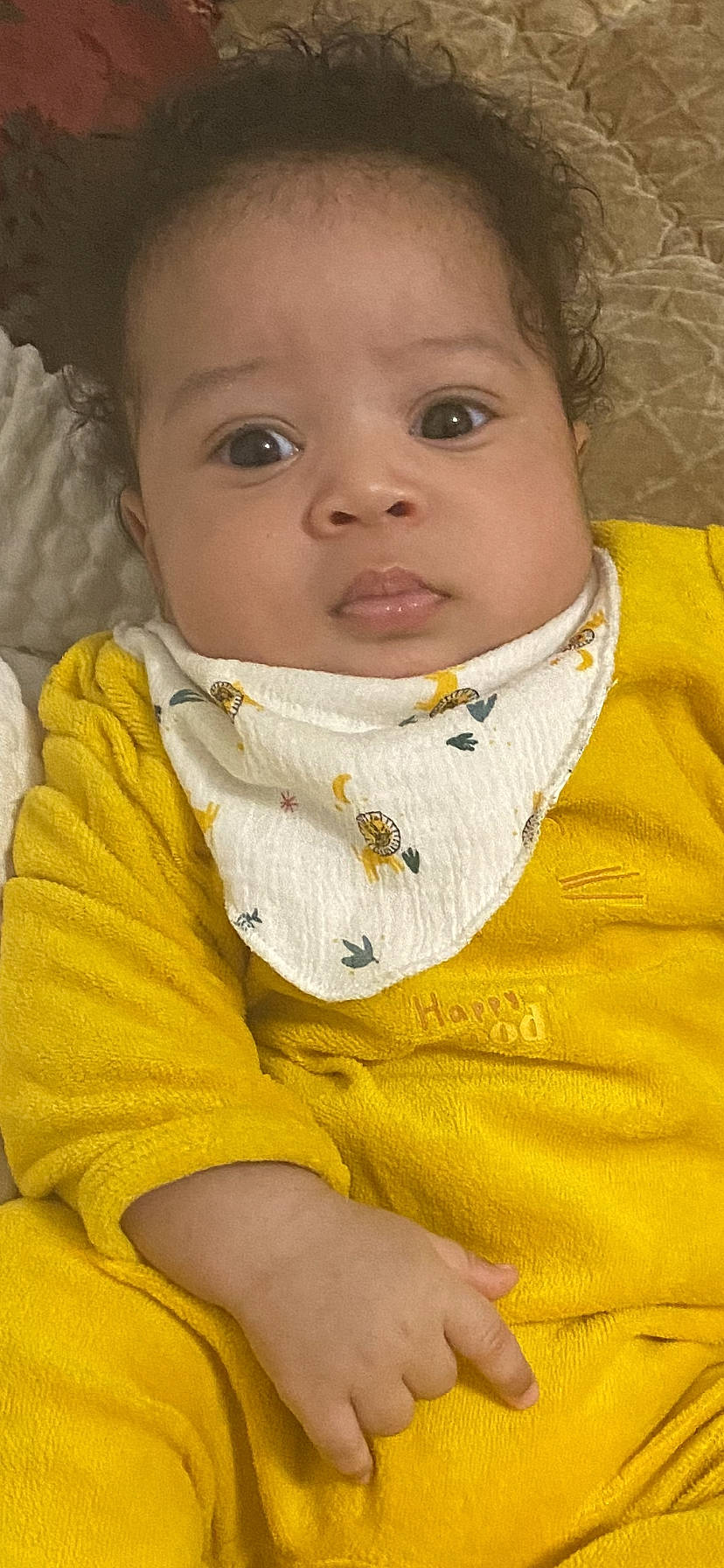 Nassim participe au concours pour gagner de l'argent avec cette photo : baby, baby_products, baby_toddler_clothing, bib, cheek, child, clothing, collar, eye, eyelash, happy, iris, lip, nose, person, sitting, skin, sleeve, t_shirt, toddler