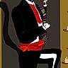 cat, cartoon, illustration, anthropomorphic, costume, hat, mustache, green_eyes, black_and_white, red_scarf, striped_sleeves, fashion, standing, tail, speech_bubble, social_media, screenshot, indoor, door, humorous