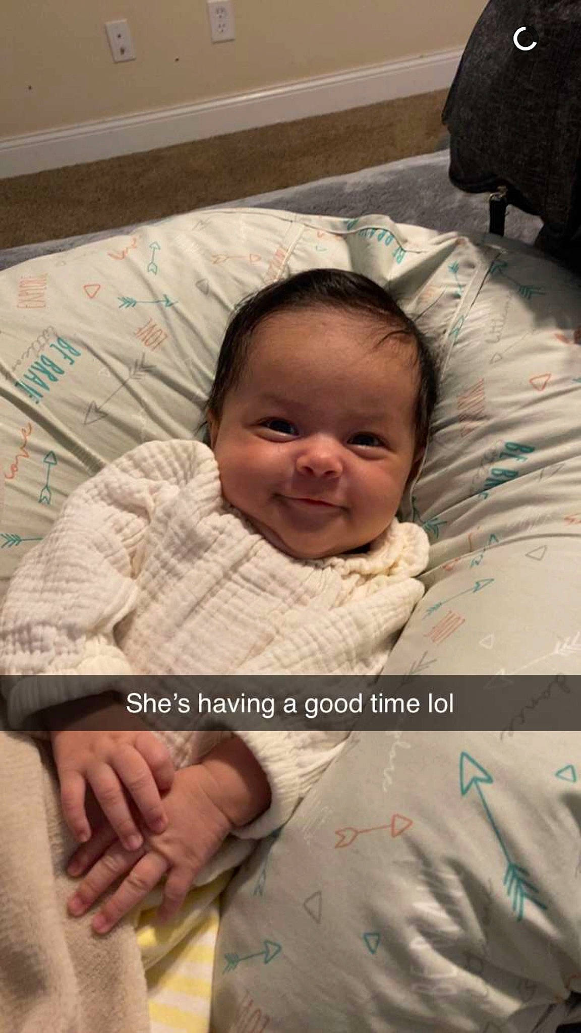 Alani is registered to the contest to win money with this photo: baby, baby_toddler_clothing, cheek, child, chin, comfort, eyebrow, facial_expression, gesture, happy, joy, linens, mouth, nose, person, room, skin, sleeve, smile, textile