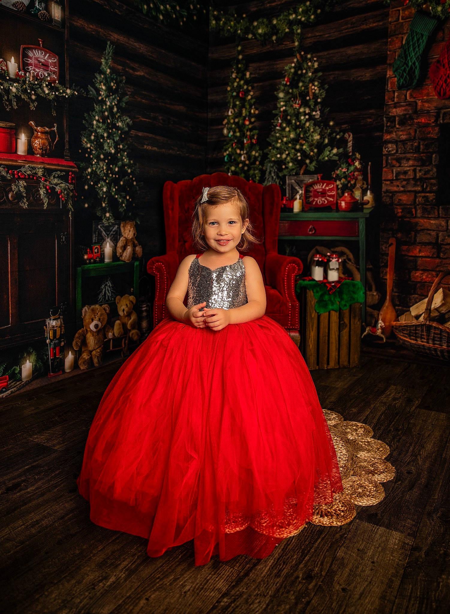 Jaycelynn is registered to the contest to win money with this photo: bridal_party_dress, christmas_decoration, christmas_tree, dress, event, fashion_design, flooring, formal_wear, fun, gown, happy, holiday, joy, magenta, one_piece_garment, peach, person, ruffle, toddler, tradition