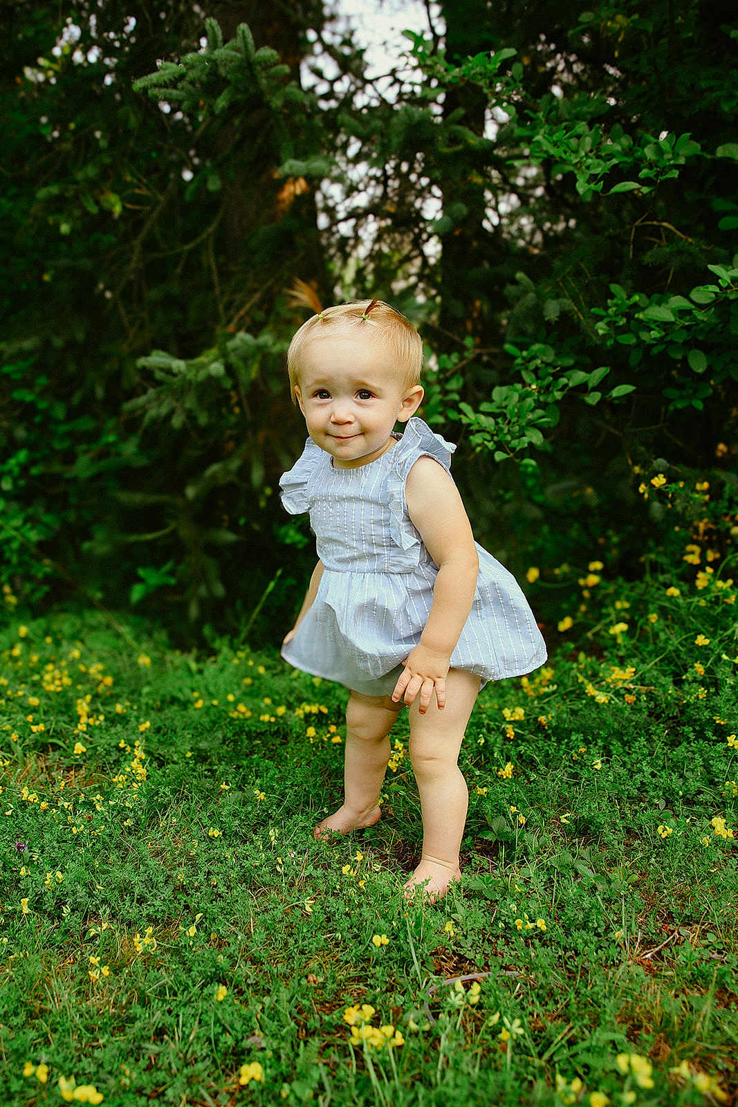 Aurora is registered to the contest to win money with this photo: toddler, child, barefoot, pigtails, blue_dress, greenery, yellow_flowers, outdoor, grass, nature, summer, cute, portrait, young_child, innocent, smile, standing, plants, sunlight, forest