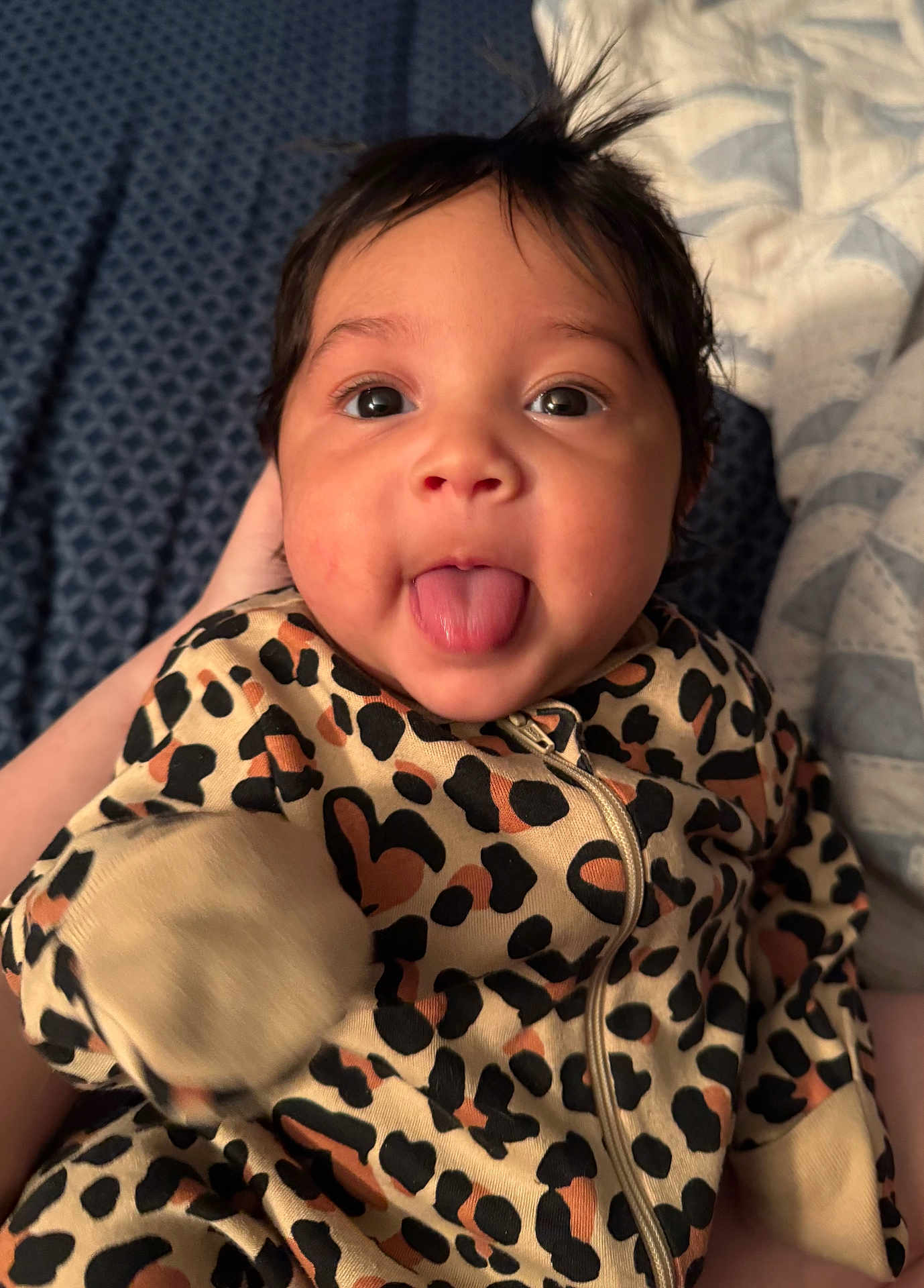 Eliana joined the competition — help win amazing prizes! baby, infant, face, tongue_out, leopard_print, onesie, hair, cute, playful, child, person, portrait, cozy, quilt, bed, hand, skin, expression, smile, young