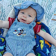 Tyler joined the competition — help win amazing prizes! baby, child, blue_hat, striped_overalls, mickey_mouse, blanket, dinosaur_pattern, red_shirt, baby_seat, outdoor, face, smile, infant, cute, young_child, sun_hat, clothing, happy, portrait, person
