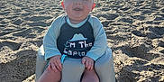 Carter is registered to the contest to win money with this photo: baby, beach, sand, ocean, pier, sunshine, child, seat, smiling, water, sky, clouds, sunlight, happy, outdoor, vacation, relaxation, footwear, clothing, summer
