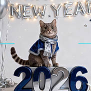 Réglisse a rejoint le concours — aidez-le/la à gagner de superbes lots ! cat, feline, kitten, scarf, cape, new_year, balloons, 2026_numbers, banner, celebration, party, silver, blue, string_lights, ribbon, studio_photo, portrait, sitting, face, holiday_decor
