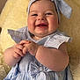 baby, child, smiling, blue_striped_dress, headband, bow, hands, cute, happy, infant, portrait, sitting, blanket, soft_texture, closeup, cheeks, face, clothing, indoors, skin