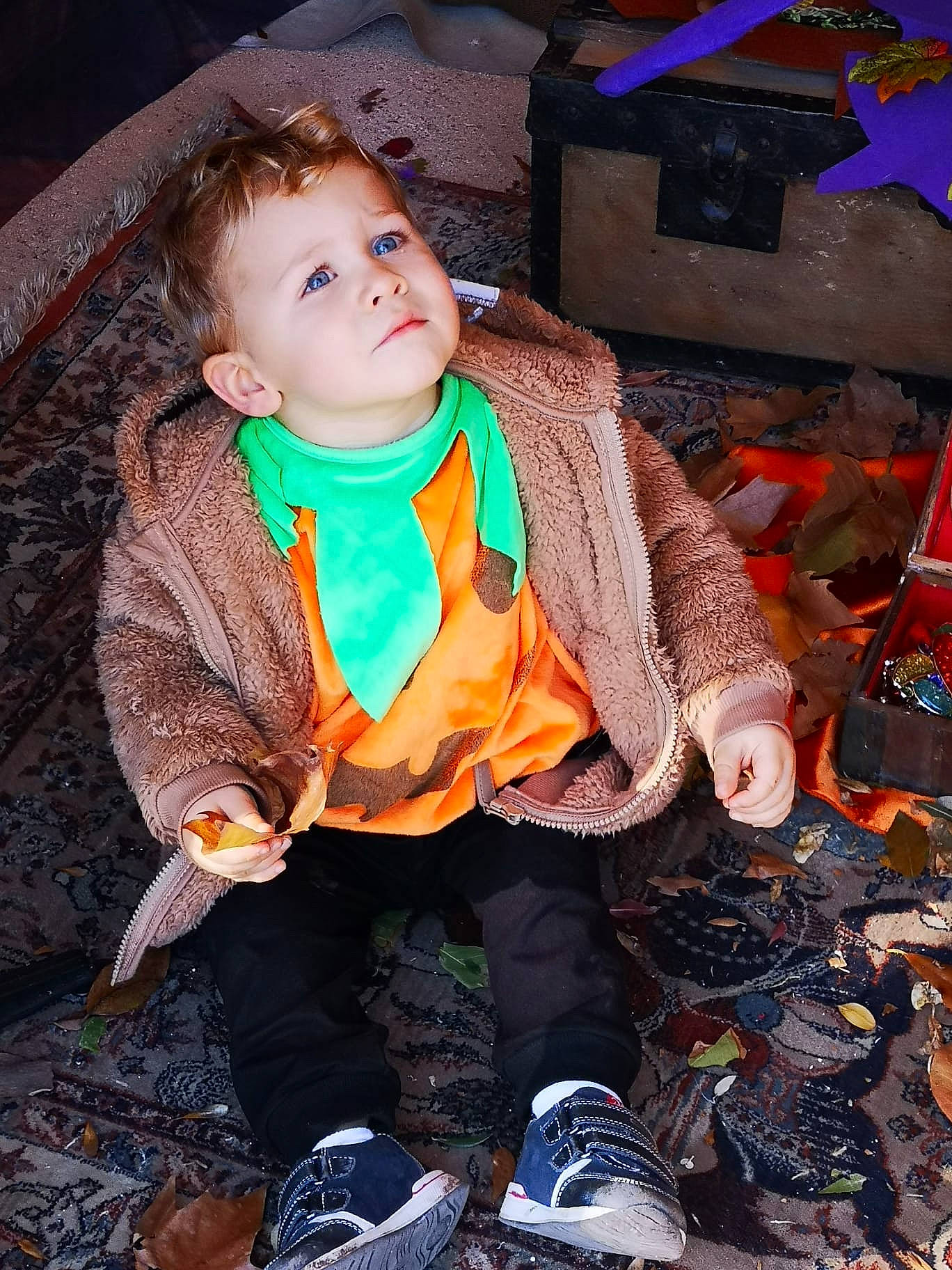 Nathan participe au concours pour gagner de l'argent avec cette photo : baby, baby_toddler_clothing, cheek, child, fun, grass, happy, hoodie, iris, jacket, orange, pattern, people_in_nature, person, sitting, sleeve, soil, textile, toddler, tree