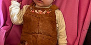 Capucine participe au concours pour gagner de l'argent avec cette photo : baby, blanket, child, clothing, corduroy, cozy, cute, expression, face, headband, indoors, infant, overalls, person, pink, portrait, sitting, soft, tights, young