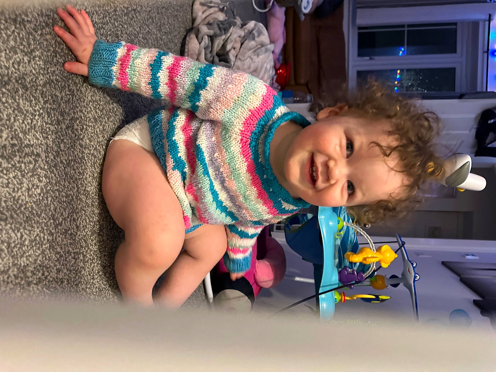 Sierra joined the competition — help win amazing prizes! baby, baby_toddler_clothing, child, electric_blue, eye, flooring, foot, fun, hairstyle, happy, human_leg, joy, leisure, magenta, pattern, person, play, sitting, smile, t_shirt