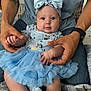 baby, infant, child, blue_dress, headband, adult_hands, tattoo, blanket, patterned_blanket, cute, indoor, portrait, sitting, holding, denim_jeans, watch, skin, expression, person, soft_lighting