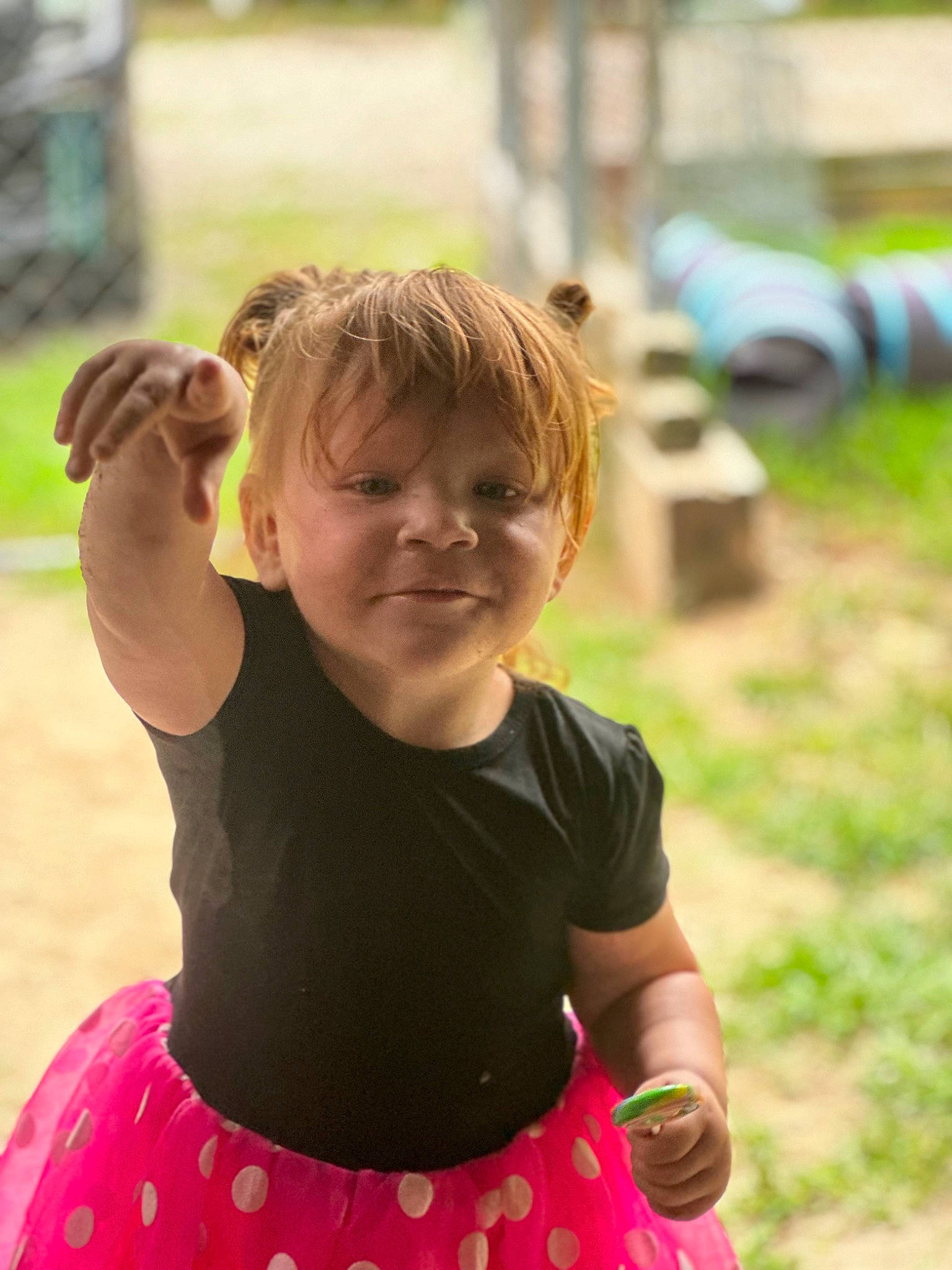 Carolyn joined the competition — help win amazing prizes! baby_toddler_clothing, bangs, child, facial_expression, fun, grass, happy, joy, leisure, magenta, pattern, people_in_nature, person, photograph, recreation, sleeve, smile, spring, summer, t_shirt