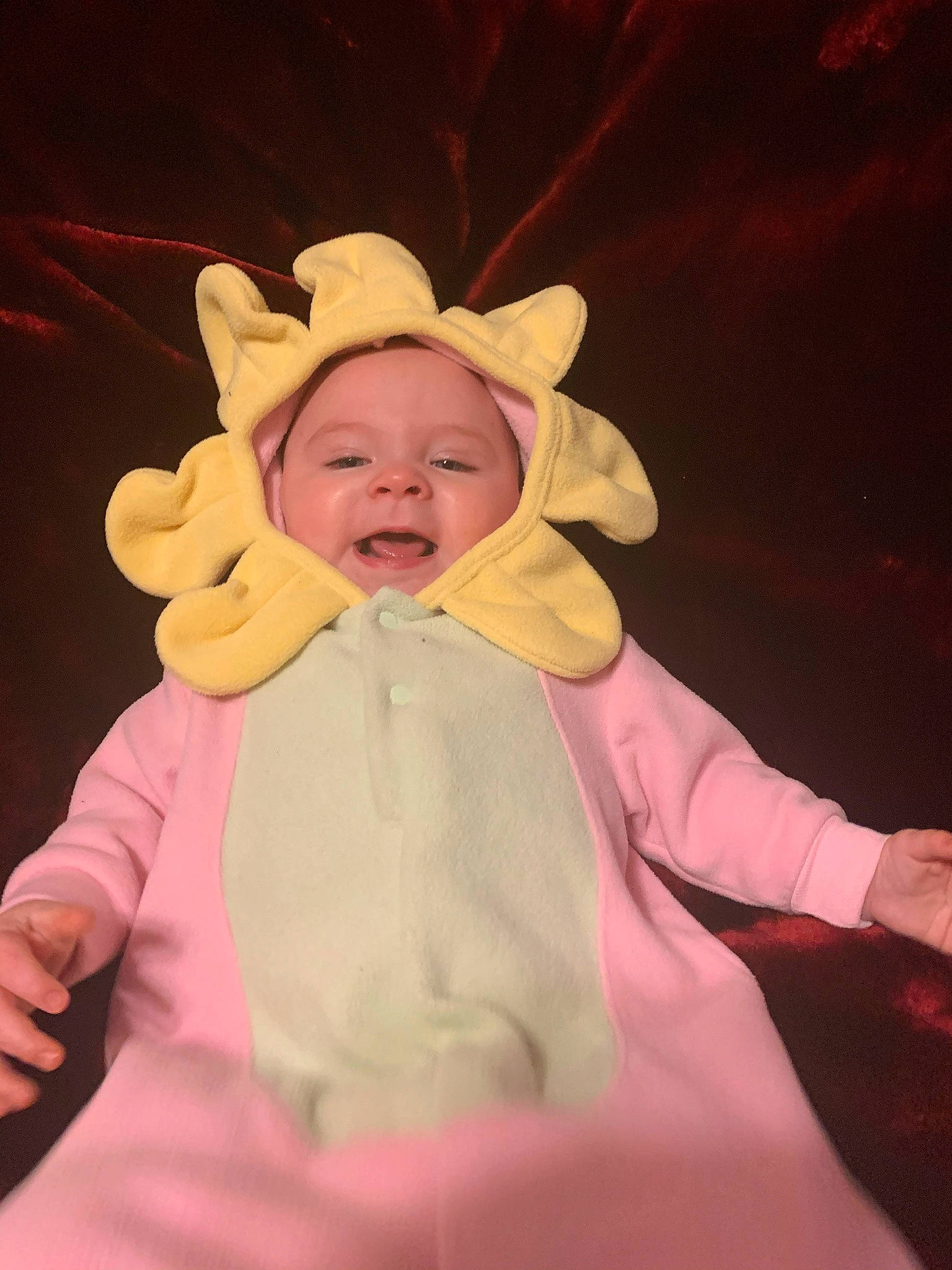 Danica is registered to the contest to win money with this photo: baby, baby_toddler_clothing, cheek, costume_hat, event, eye, finger, fun, fur, gesture, happy, head, human_body, magenta, peach, person, pink, sleeve, smile, thumb