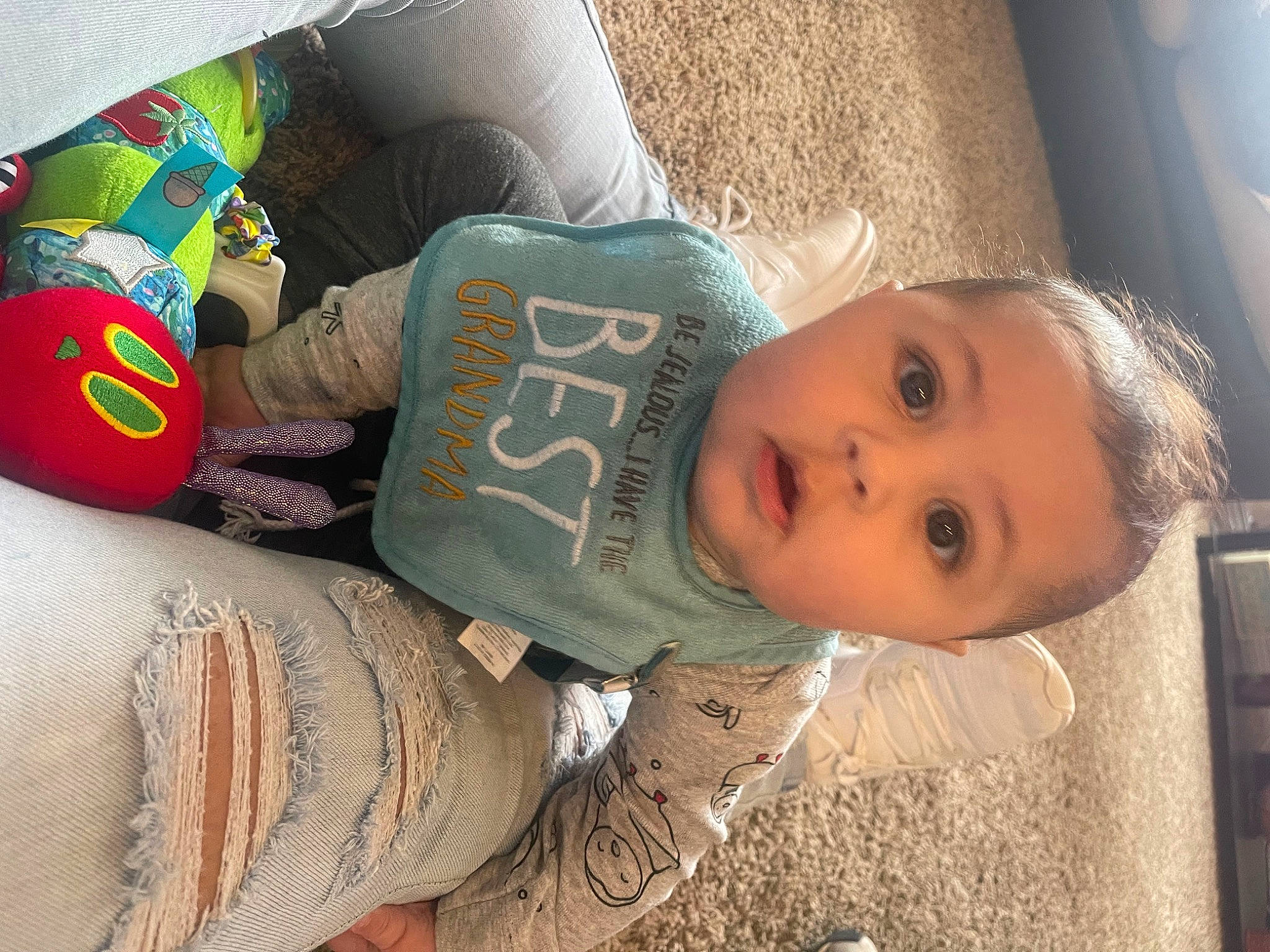 Montgomery joined the competition — help win amazing prizes! baby, baby_toddler_clothing, cheek, child, comfort, cool, couch, elbow, eye, head, human_body, linens, mouth, nose, person, room, sitting, skin, sleeve, surprise