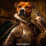 Nino participe au concours pour gagner de l'argent avec cette photo : dog, armor, falcon, bird, medieval, portrait, animal, regal, costume, glove, leather, metal, ornate, library, background, fur, beak, claws, brown, vintage