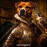 dog, armor, falcon, bird, medieval, portrait, animal, regal, costume, glove, leather, metal, ornate, library, background, fur, beak, claws, brown, vintage