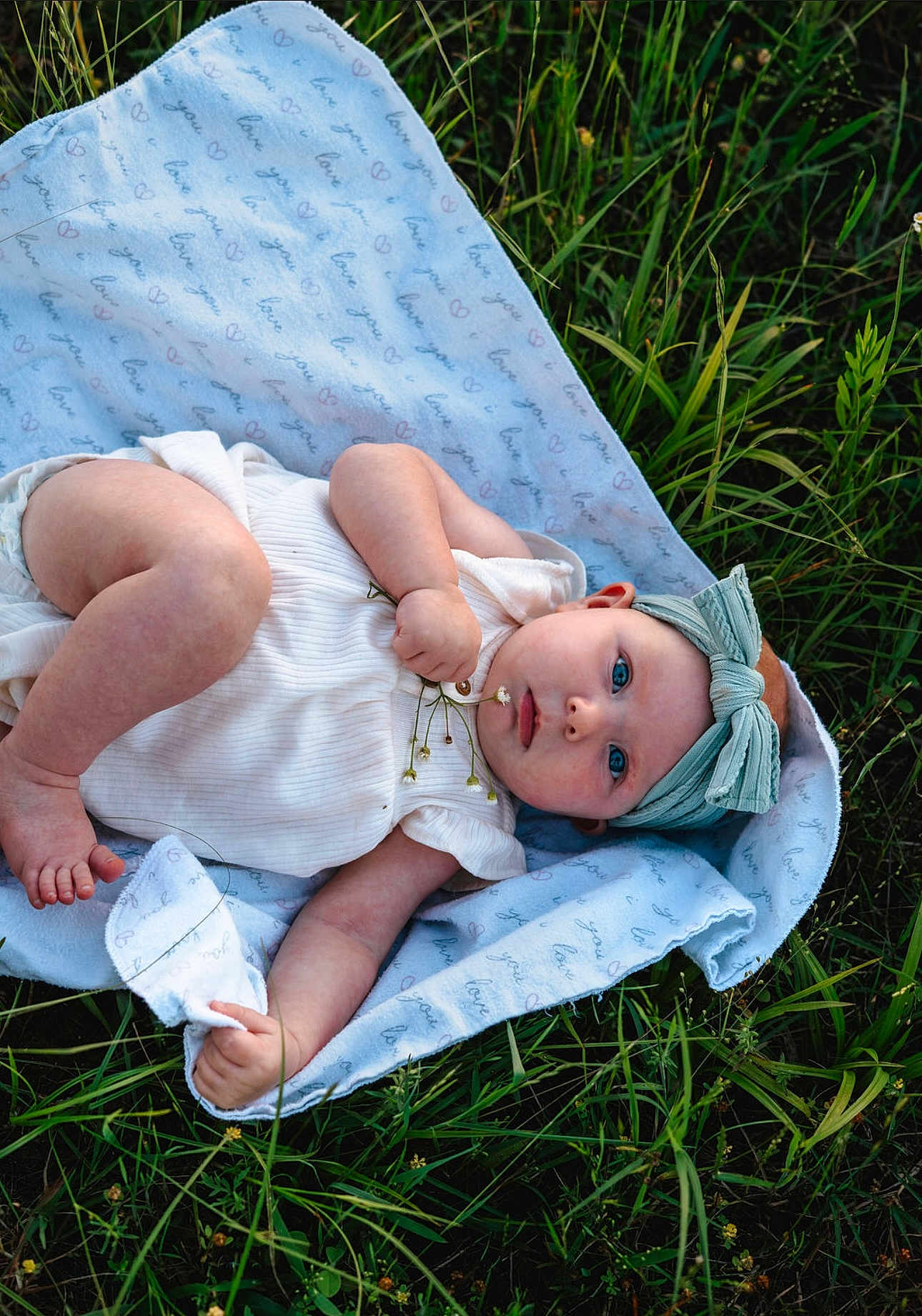 Harper joined the competition — help win amazing prizes! baby, blue_eyes, headband, blanket, grass, flower, infant, outdoor, cute, child, nature, greenery, peaceful, soft, cloth, portrait, young, lying_down, skin, toddler