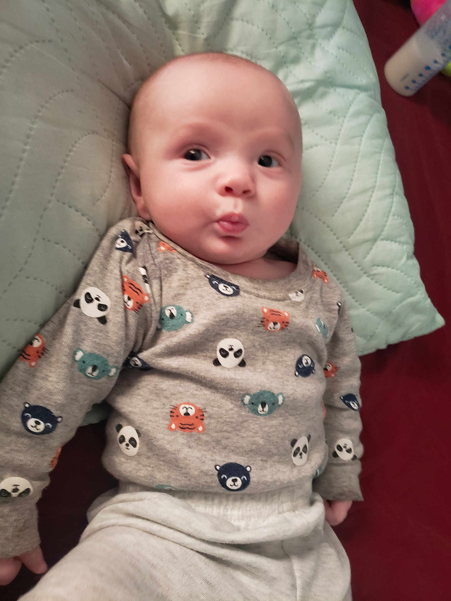 Krayzin is registered to the contest to win money with this photo: animal_print, baby, bed, child, clothing, cute, expression, face, hand, head, indoor, infant, lying_down, person, pillow, quilted, sleepwear, smiling, soft_fabric, sweater