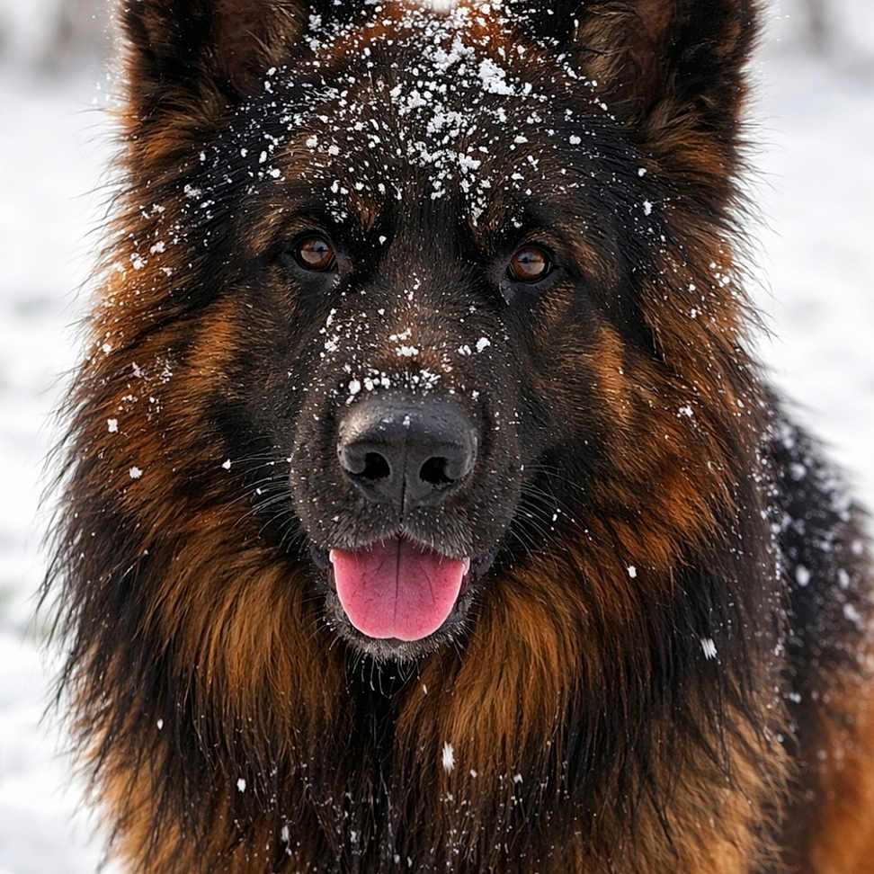 Ulan participe au concours pour gagner de l'argent avec cette photo : animal, canine, closeup, cold, cute, dog, ears, friendly, fur, german_shepherd, happy, muzzle, nature, outdoor, pet, portrait, snow, snowflakes, tongue, winter
