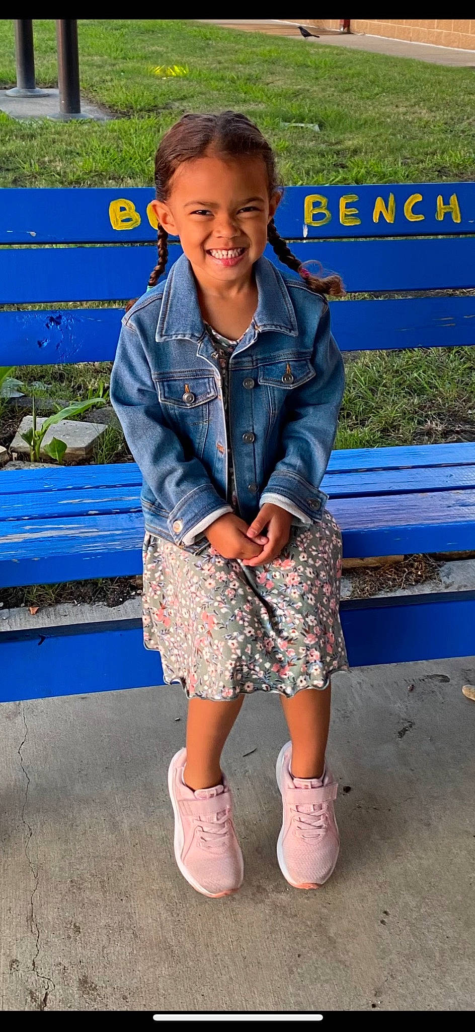 Skye is registered to the contest to win money with this photo: blue, cool, denim, electric_blue, happy, human_leg, joy, knee, leisure, outerwear, pattern, person, shoe, sleeve, smile, sock, style, summer, textile, thigh
