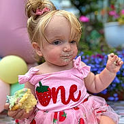 Esme is registered to the contest to win money with this photo: toddler, child, birthday, cupcake, pink_dress, strawberry_pattern, balloons, flowers, outdoor, party, cake, messy_face, celebration, young_child, happy, person, food, cute, summer, fun
