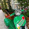 dog, puppy, dachshund, vespa, scooter, green, outdoor, plants, potted_plants, seat, handlebars, tile_floor, window, railing, daylight, curious, pet, vehicle, transportation, decorative_stickers