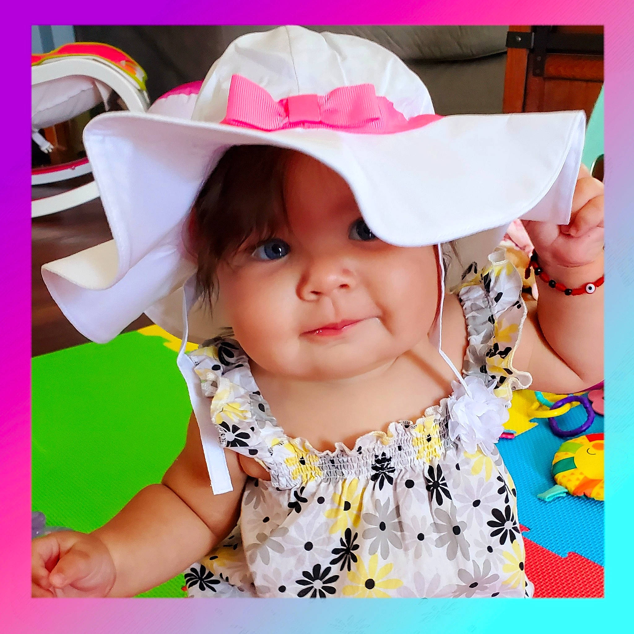Eliana is registered to the contest to win money with this photo: baby, baby_products, baby_toddler_clothing, bonnet, child, child_model, costume_accessory, costume_hat, cowboy_hat, day_dress, fedora, hat, headgear, mouth, nose, person, polka_dot, sun_hat, toddler