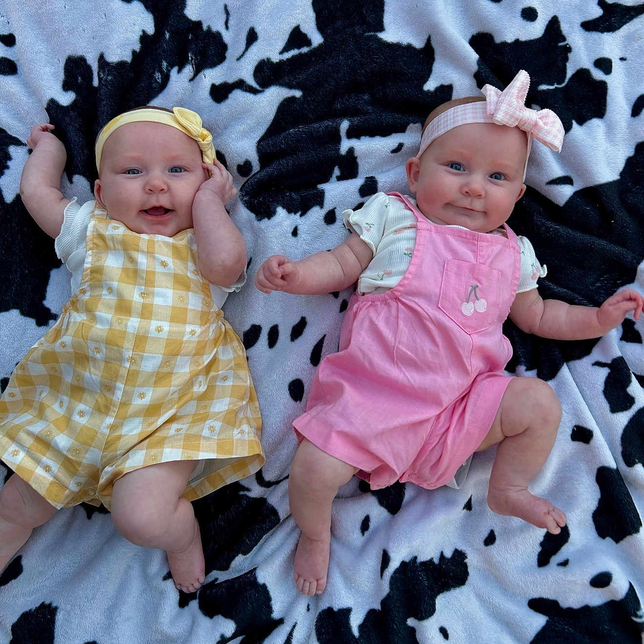 Gracie And Callie joined the competition — help win amazing prizes! babies, twins, infants, children, portrait, smiling, lying_down, blanket, cow_print, headbands, bows, yellow_dress, pink_overalls, baby_clothing, outdoor_light, close_up, faces, happy, cute, photography