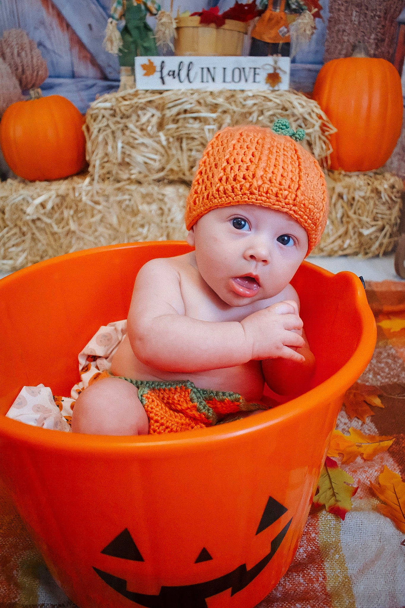 Westyn joined the competition — help win amazing prizes! baby, baby_products, baby_toddler_clothing, calabaza, cap, child, cucurbita, flooring, gourd, headwear, natural_foods, orange, peach, person, plant, product, pumpkin, sitting, surprise, toddler