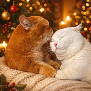 Cheddar And Sugar is registered to the contest to win money with this photo: blanket, cat, christmas_lights, close_up, companion, cozy, cute, feline, festive, ginger_cat, holiday, indoor, ornaments, pets, relaxed, sleeping, snuggling, soft_texture, warm_lighting, white_cat