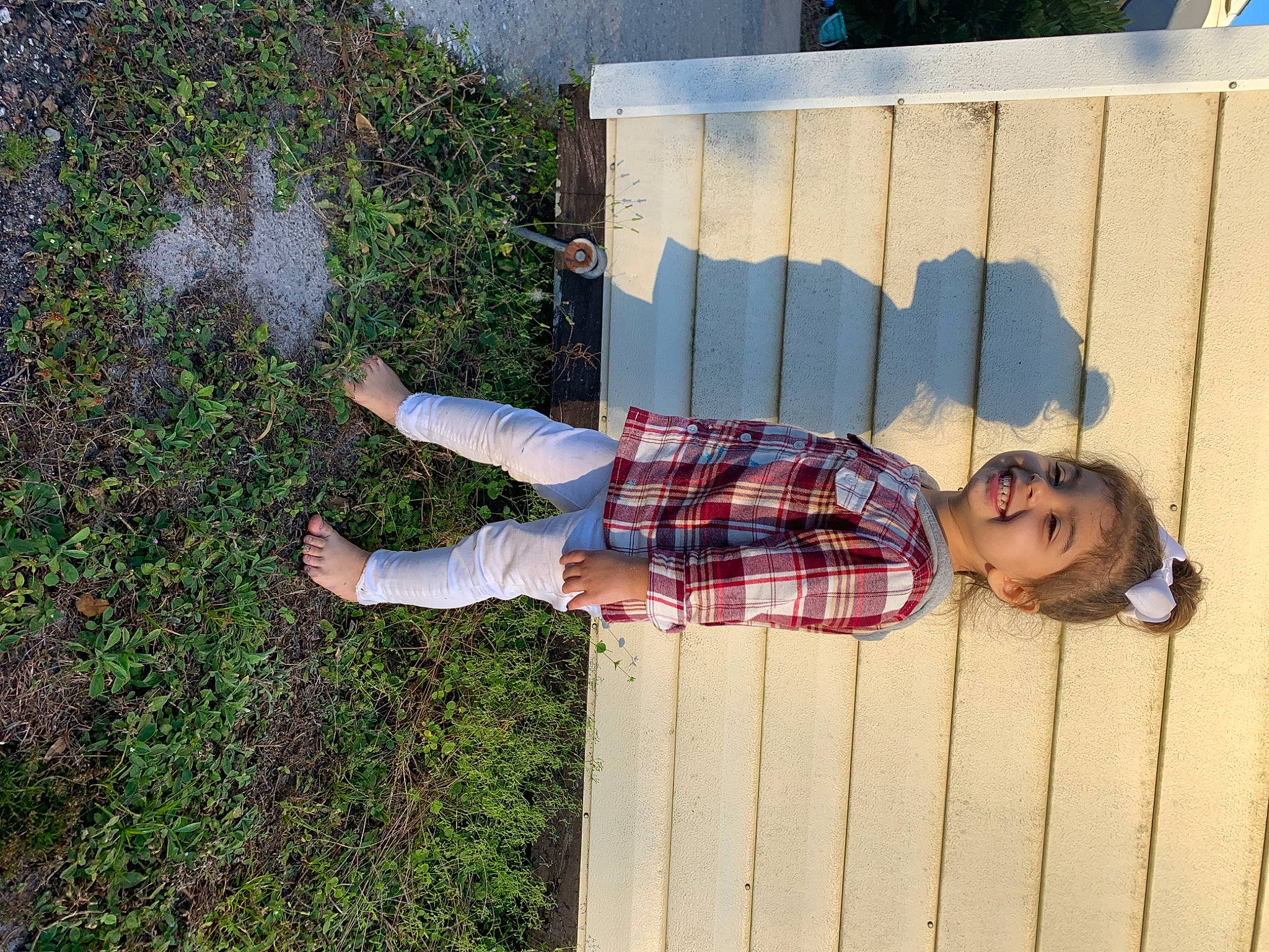 Millee Grace is registered to the contest to win money with this photo: child, fence, fun, grass, happy, joy, pattern, people_in_nature, person, plaid, plant, shadow, smile, tartan, tree, wood