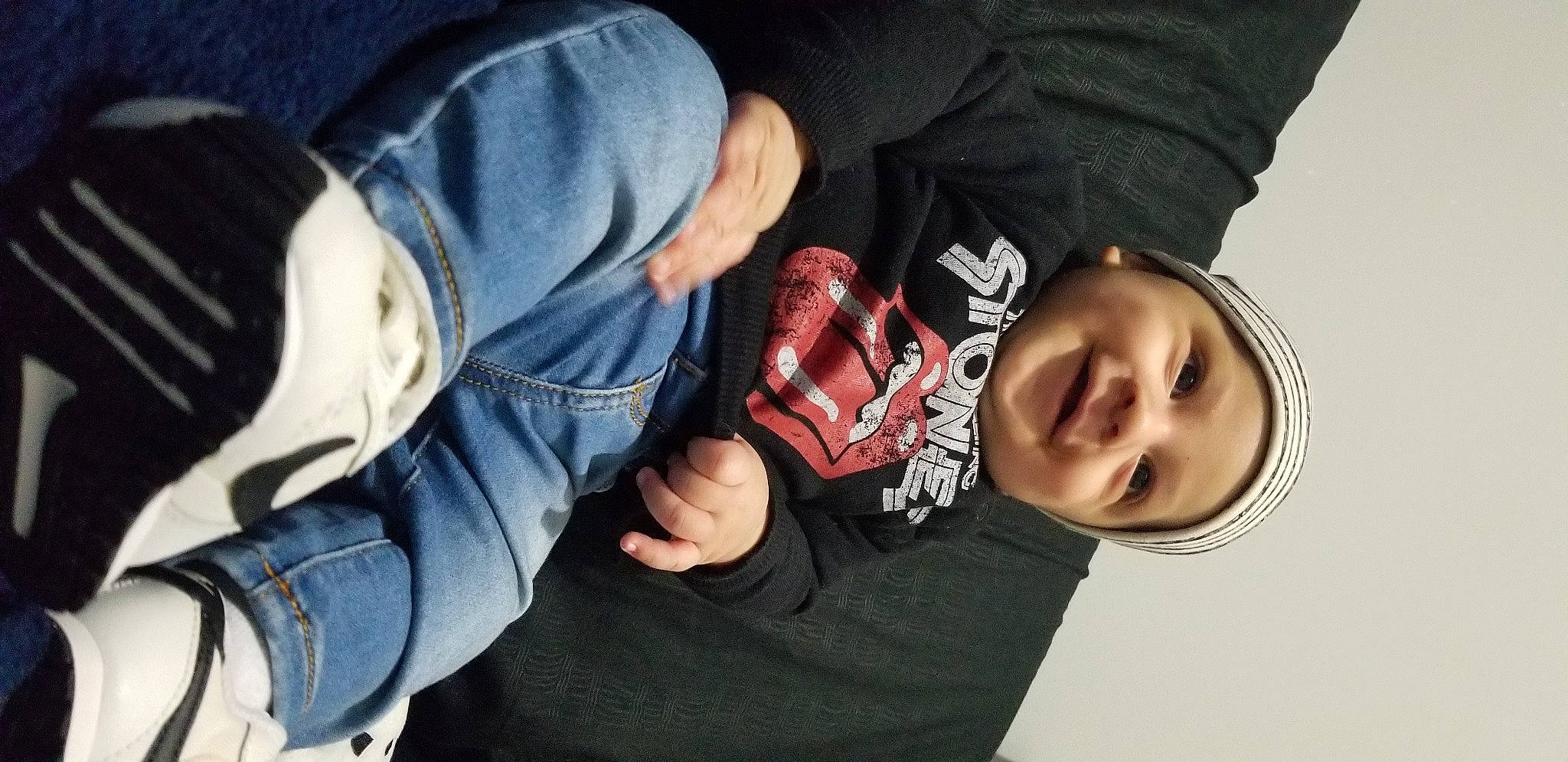 Noah is registered to the contest to win money with this photo: baby, carmine, cheek, child, comfort, cool, elbow, eyelash, finger, fun, gesture, happy, joy, mouth, nail, person, sitting, sleeve, smile, thumb