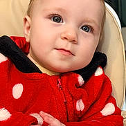 éléa a rejoint le concours — aidez-le/la à gagner de superbes lots ! baby, blue_eyes, child, comfort, cute, expression, eyelashes, face, fleece, hands, high_chair, indoor, infant, polka_dots, portrait, red_jacket, seated, skin, warm_clothing, young_child