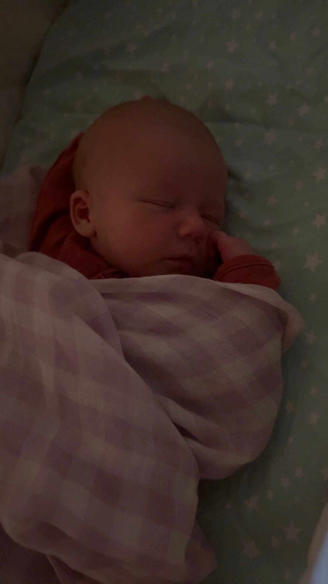 Evie joined the competition — help win amazing prizes! baby, sleeping, blanket, soft, checkered, bed, star_pattern, peaceful, infant, face, hand, cozy, resting, child, cute, pajamas, indoors, newborn, calm, toddler