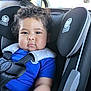 baby, child, car_seat, blue_shirt, curly_hair, seatbelt, infant, cute, portrait, safety, straps, indoors, car_interior, child_protection, young_child, head_support, seat_padding, young_baby, face, person