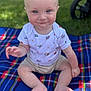 baby, child, infant, drool, blue_eyes, white_shirt, shorts, plaid_blanket, outdoor, grass, sitting, cute, smile, person, young_child, head, face, barefoot, summer, daylight