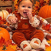 Angelina is registered to the contest to win money with this photo: baby, child, infant, smiling, happy, autumn, fall, pumpkin, pumpkins, leaves, orange, bow, headband, overalls, corduroy, blanket, portrait, sitting, seasonal, cozy