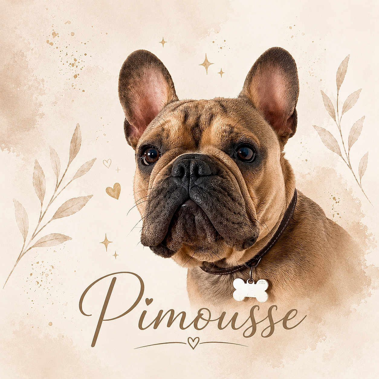 Pimousse a rejoint le concours — aidez-le/la à gagner de superbes lots ! dog, french_bulldog, pet, portrait, collar, tag, ears, brown, face, cute, animal, whiskers, fur, nose, eyes, illustration, leaves, sparkles, text_overlay, name