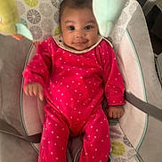 Rosalia participe au concours pour gagner de l'argent avec cette photo : baby, infant, red_onesie, polka_dot, baby_seat, cushion, toy, soft_toy, face, smile, indoor, child, person, cute, happy, eyes, clothing, seat_belt, baby_girl, comfort