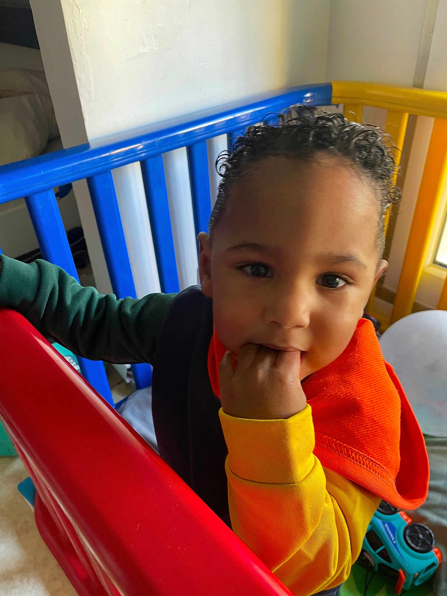 Ky-Mani participe au concours pour gagner de l'argent avec cette photo : toddler, child, curly_hair, teething, playpen, colorful, red, blue, yellow, fingers_in_mouth, indoor, toy, window, natural_light, clothing, orange, yellow_sleeve, green_sleeve, face, person